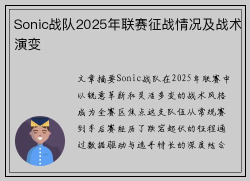 Sonic战队2025年联赛征战情况及战术演变